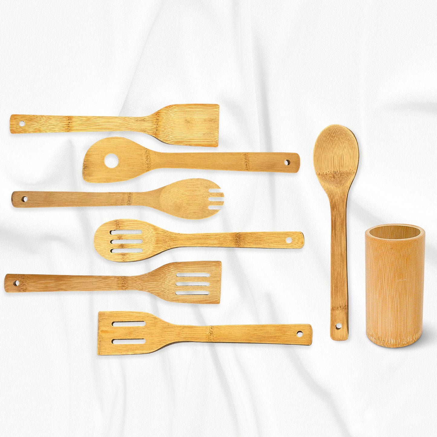 Cheer Collection 8 Piece Bamboo Cooking Utensil Set with Holder – Natural Wooden Tools
