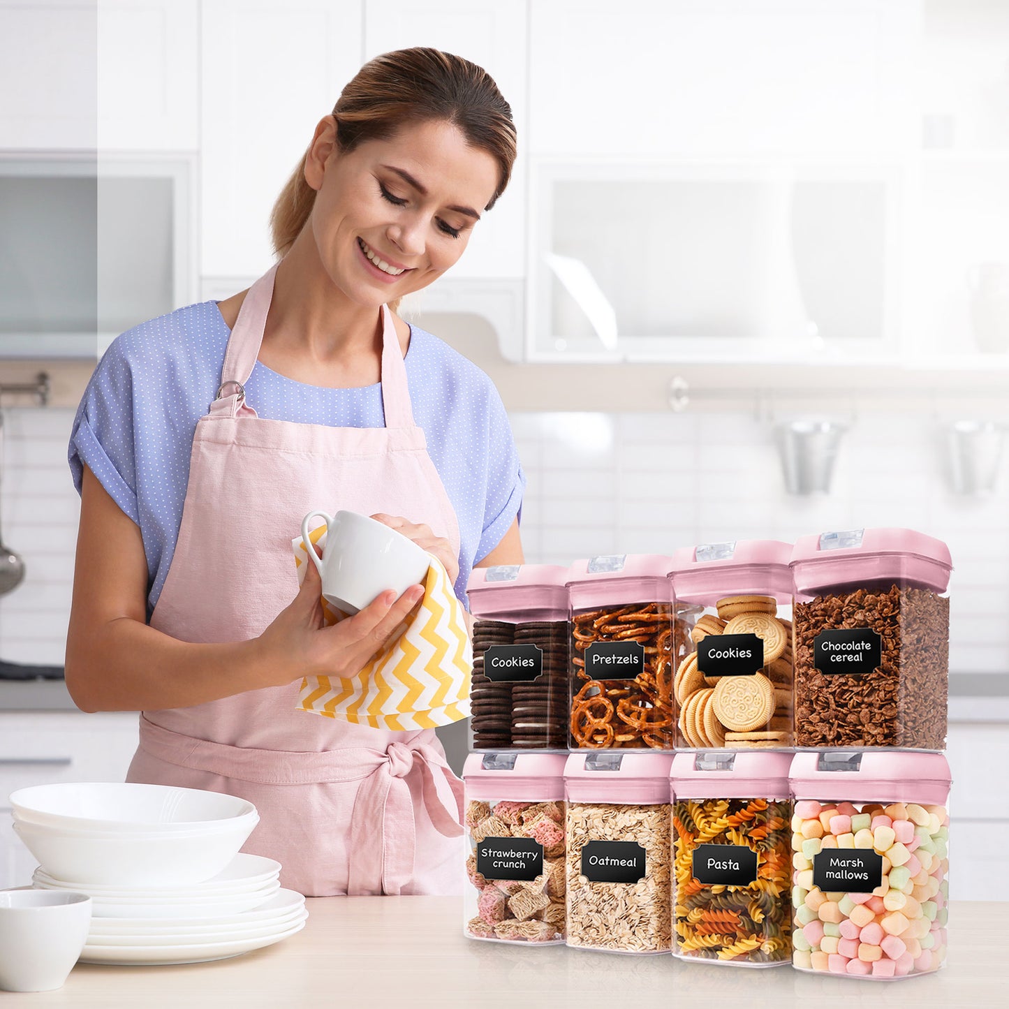Cheer Collection Airtight Food Storage Containers - Set of 8 Identical 28oz Pantry Bins with Lids - Multiple Colors Available