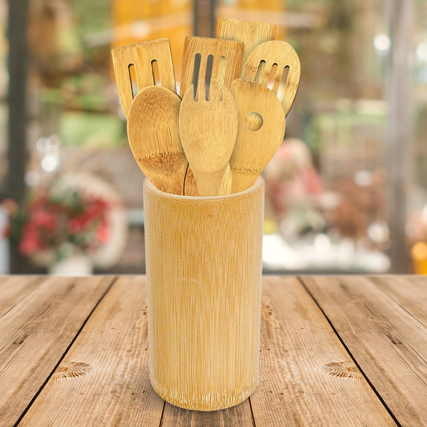 Cheer Collection 8 Piece Bamboo Cooking Utensil Set with Holder – Natural Wooden Tools