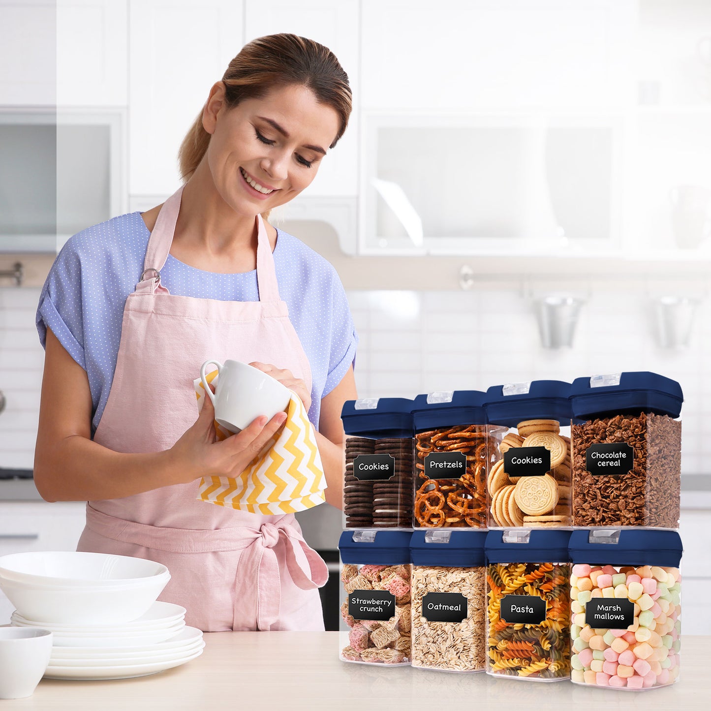 Cheer Collection Airtight Food Storage Containers - Set of 8 Identical 28oz Pantry Bins with Lids - Multiple Colors Available