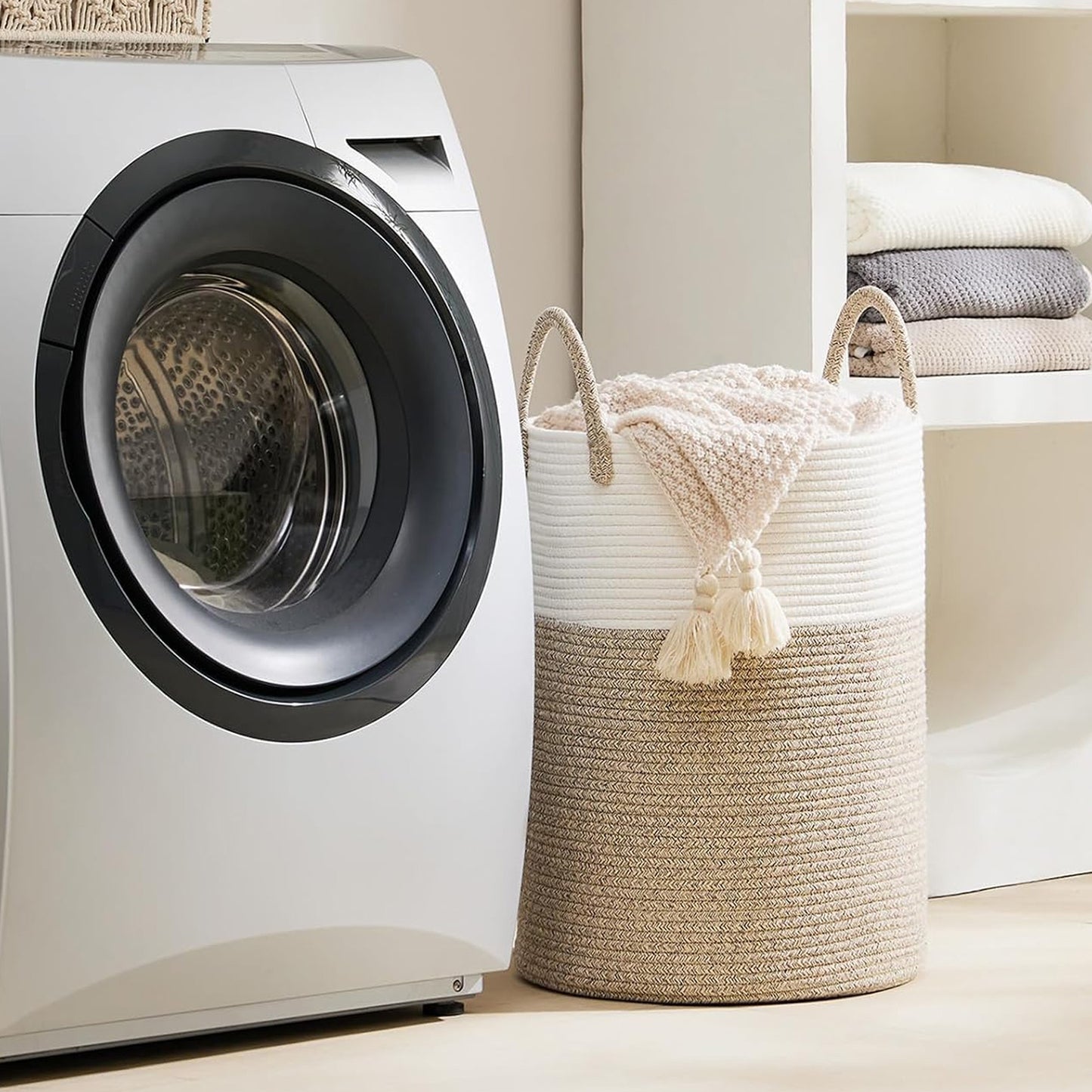 Cheer Collection Large Cotton Rope Laundry Hamper 16 x 16 x 22 Inch Versatile Storage Basket
