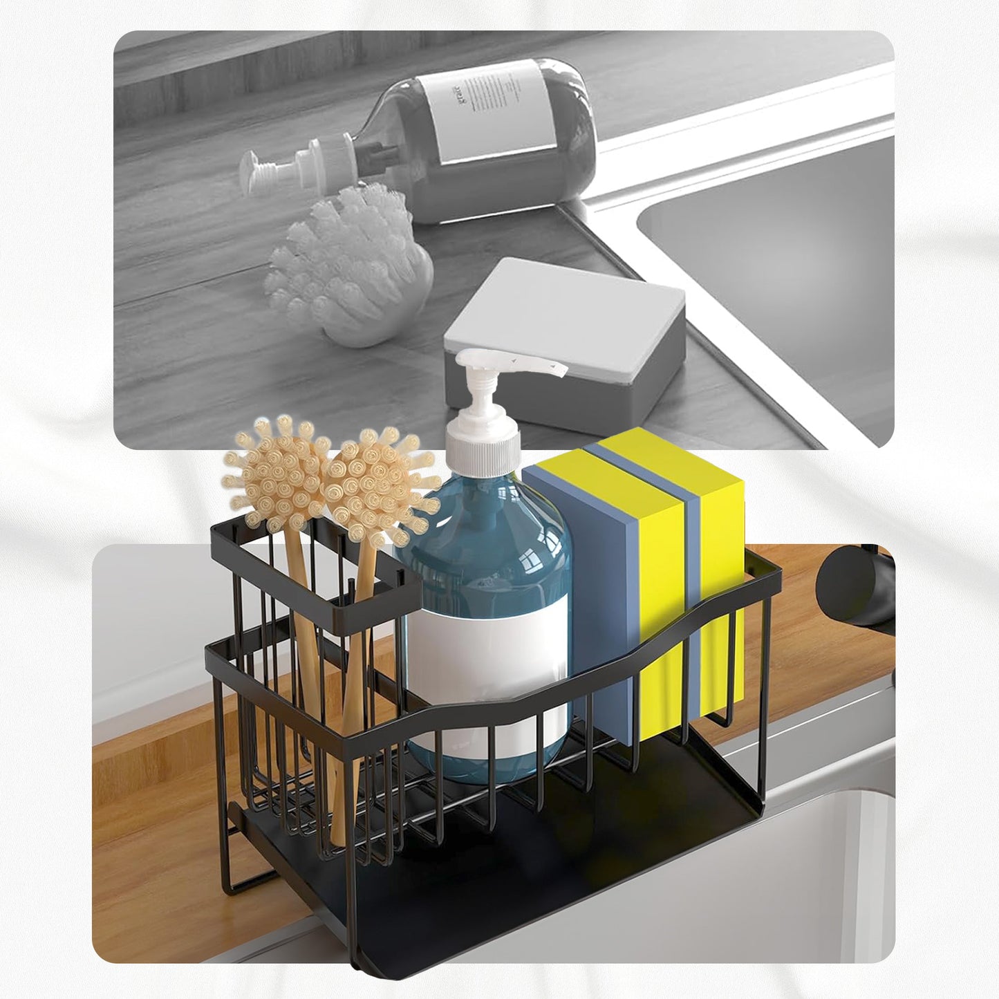 Cheer Collection Stainless Steel Sink Caddy Sponge Holder with Drain Tray and Brush Organizer