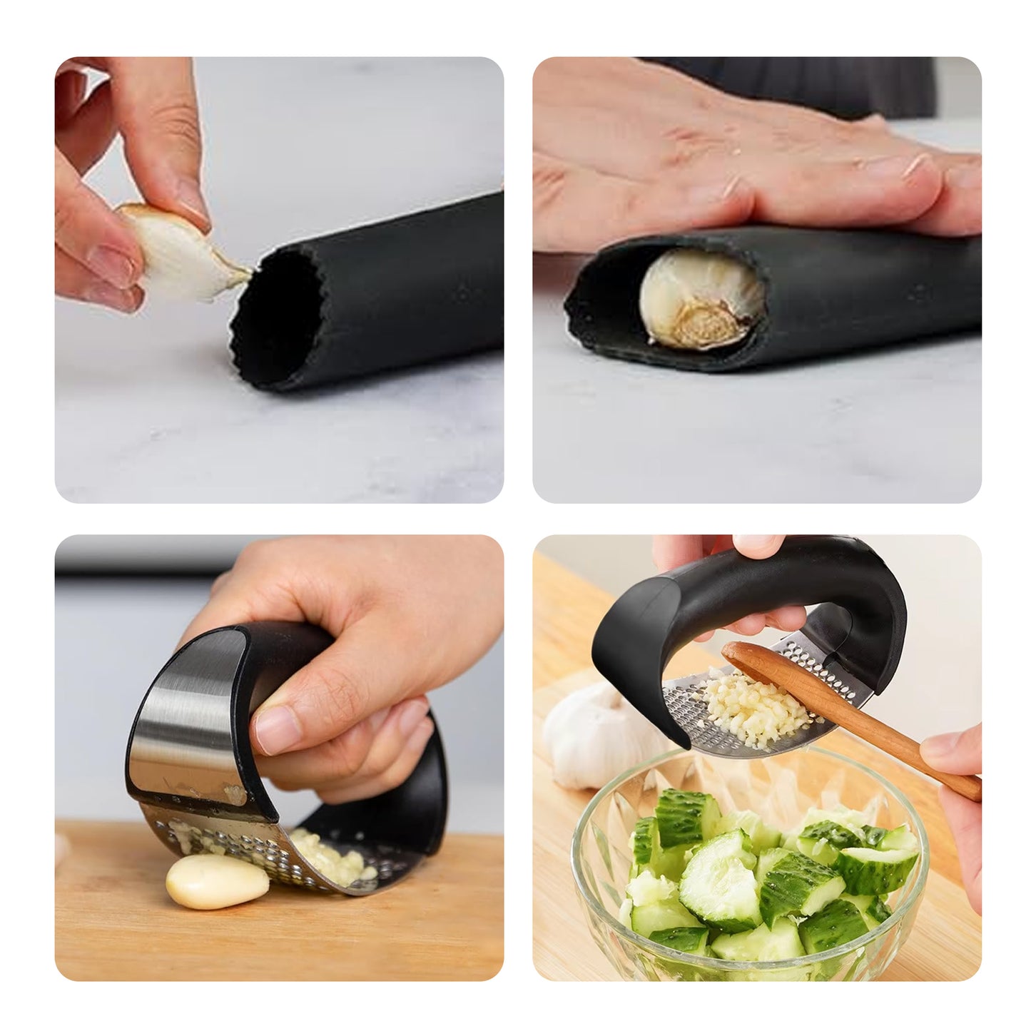 Cheer Collection Garlic Press Rocker Set Stainless Steel Garlic Mincer with Peeler Brush and Scraper