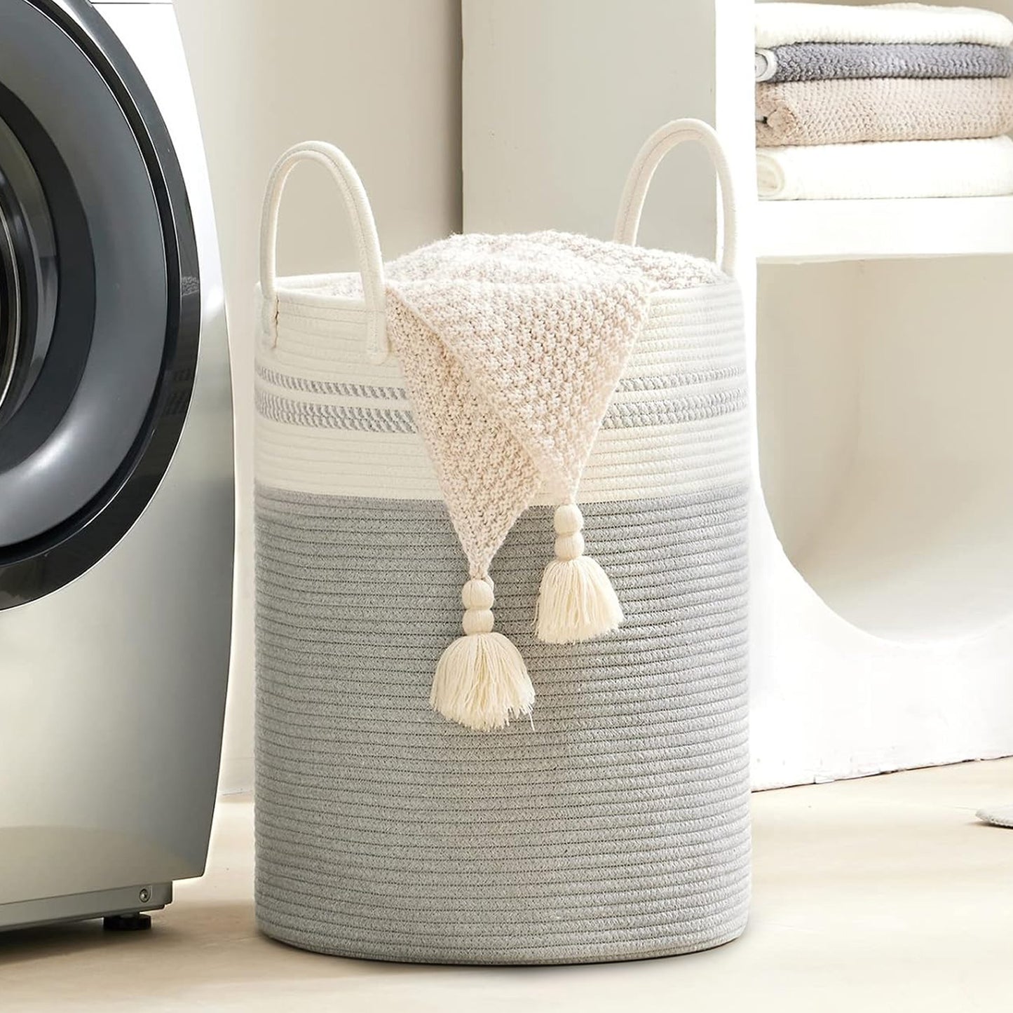 Cheer Collection Large Cotton Rope Laundry Hamper 16 x 16 x 22 Inch Versatile Storage Basket