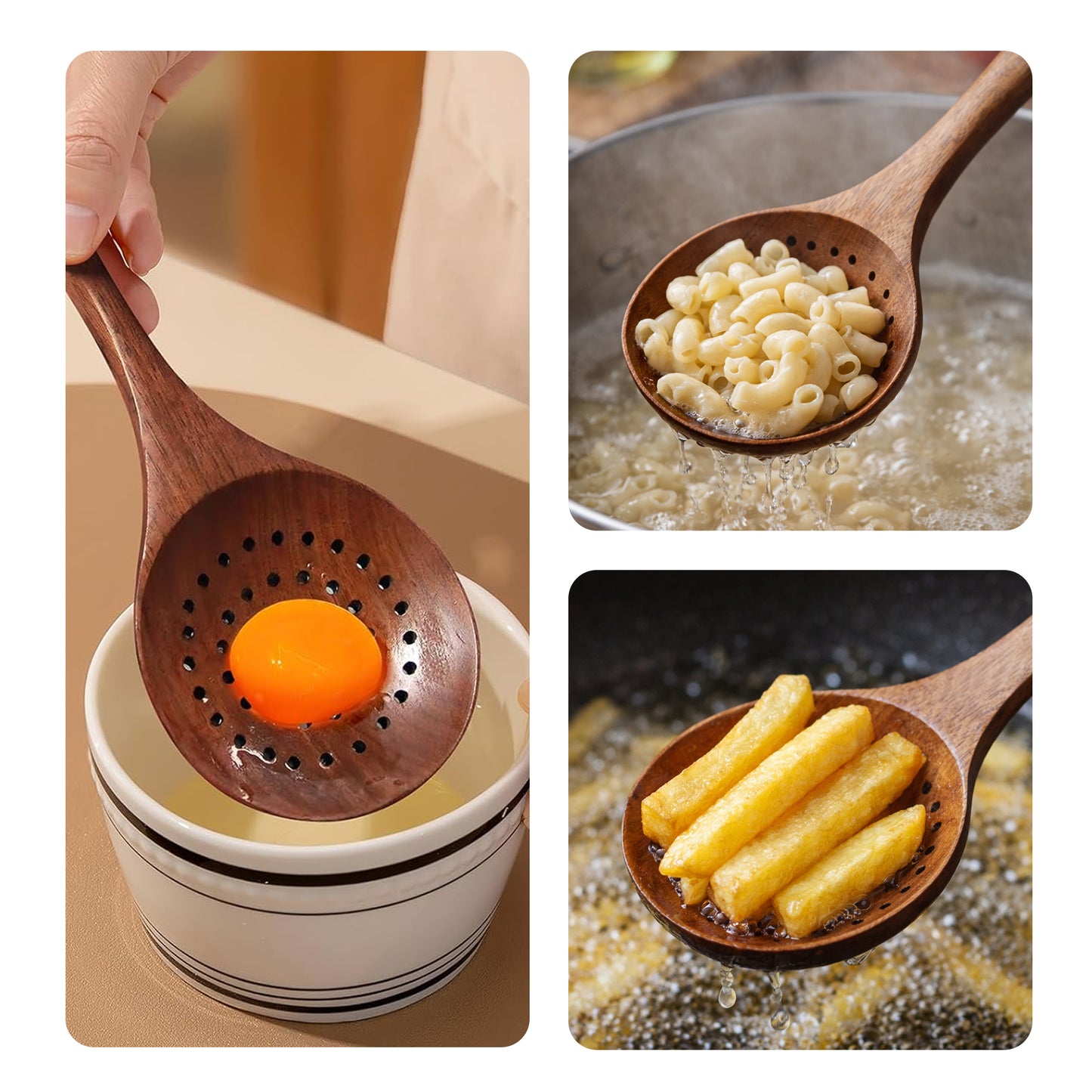 Cheer Collection Teak Wood Strainer Spoon for Pasta and Cooking with Drain Holes