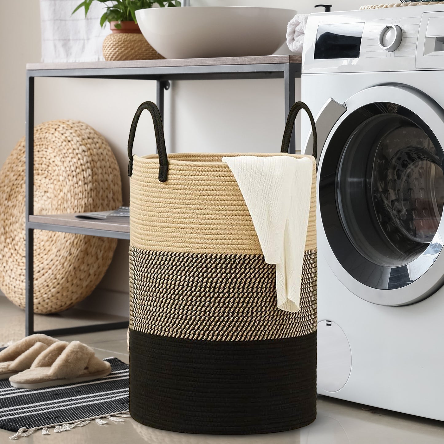 Cheer Collection Large Cotton Rope Laundry Hamper 16 x 16 x 22 Inch Versatile Storage Basket