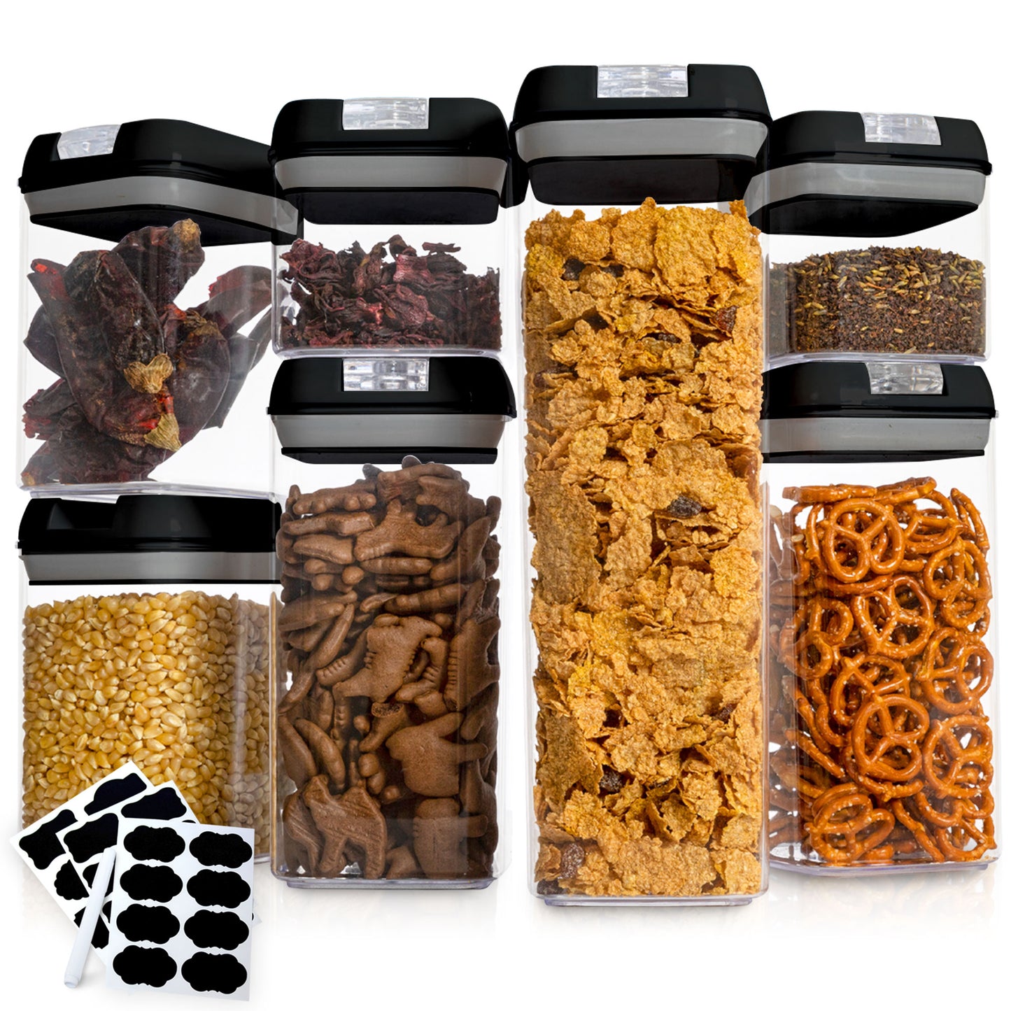 Cheer Collection Set of 7 Airtight Food Storage Containers plus Dry Erase Marker and Label - Multiple Colors Available