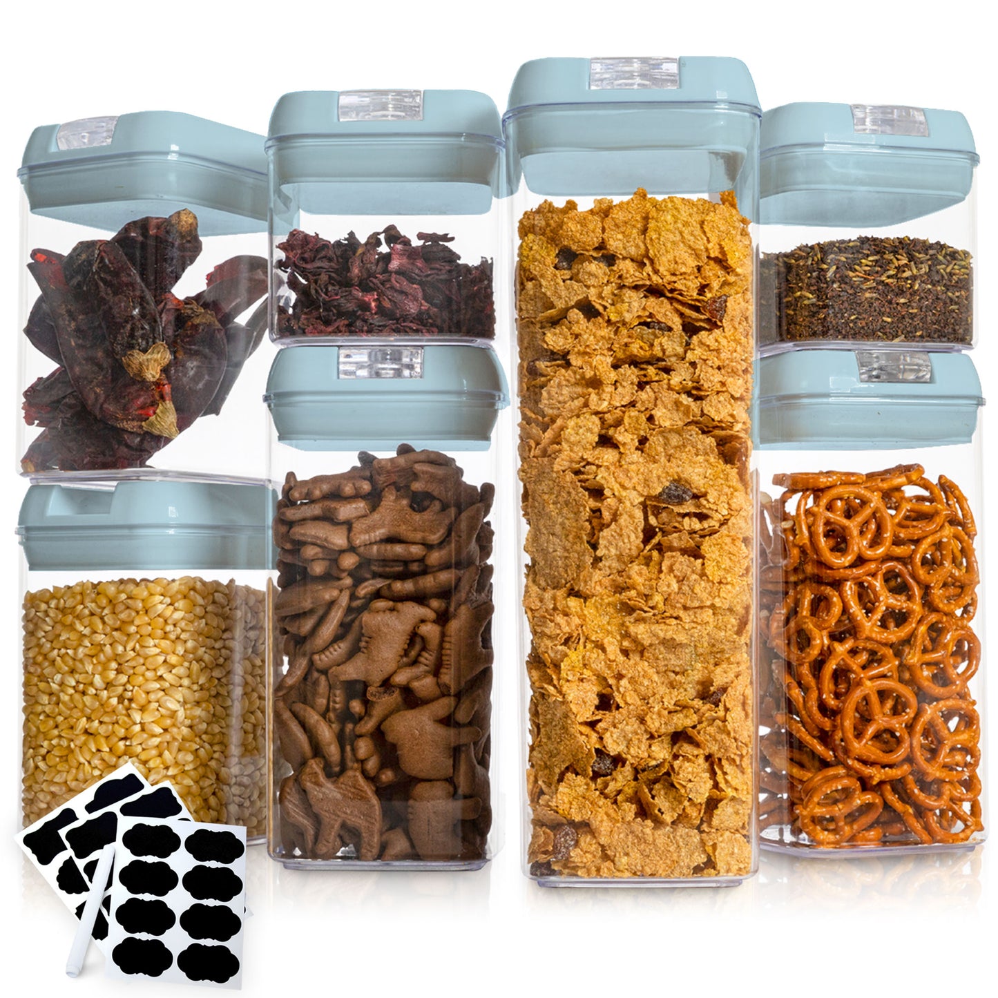 Cheer Collection Set of 7 Airtight Food Storage Containers plus Dry Erase Marker and Label - Multiple Colors Available