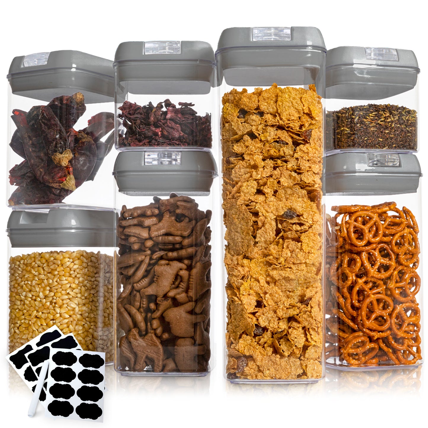 Cheer Collection Set of 7 Airtight Food Storage Containers plus Dry Erase Marker and Label - Multiple Colors Available