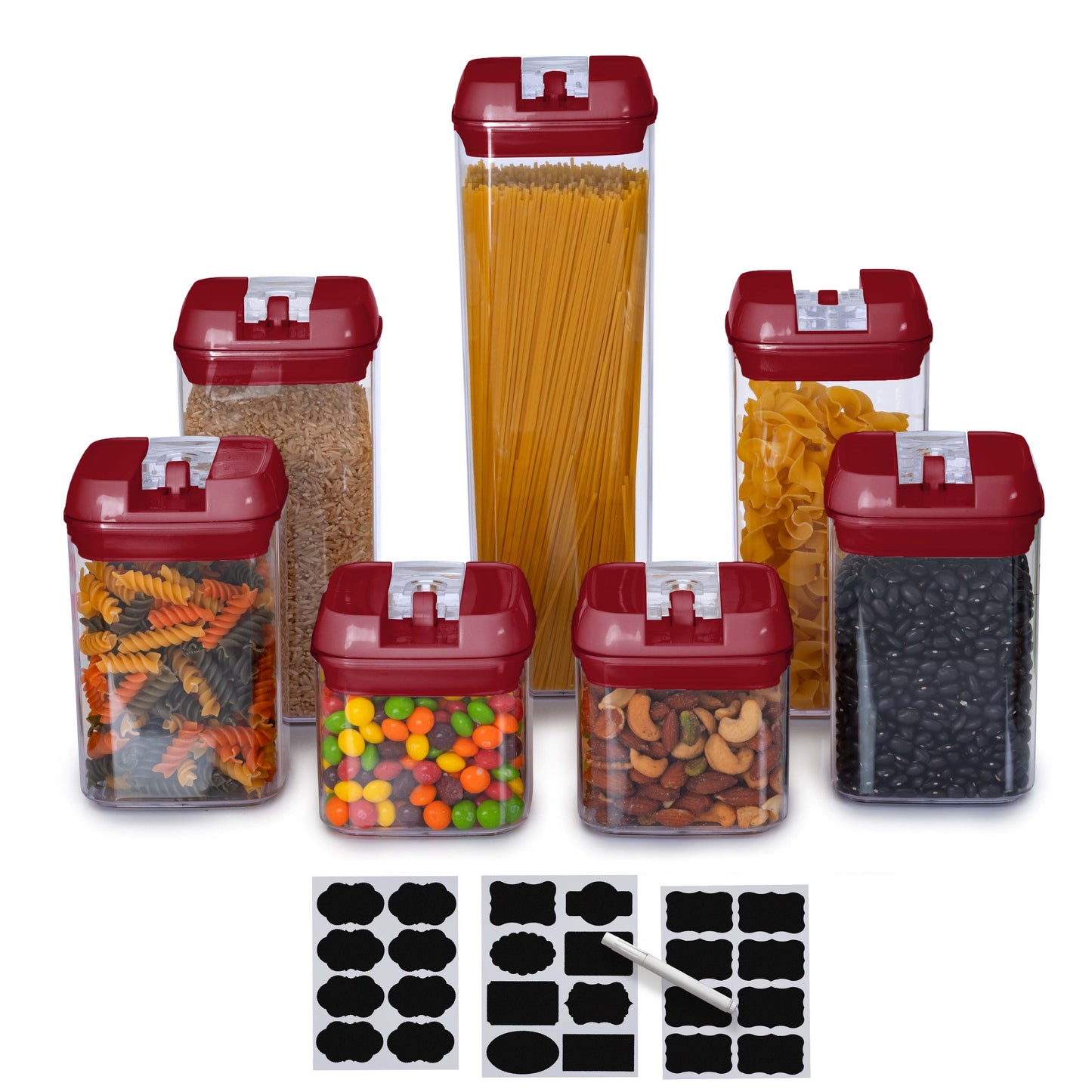 Cheer Collection Set of 7 Airtight Food Storage Containers plus Dry Erase Marker and Label - Multiple Colors Available