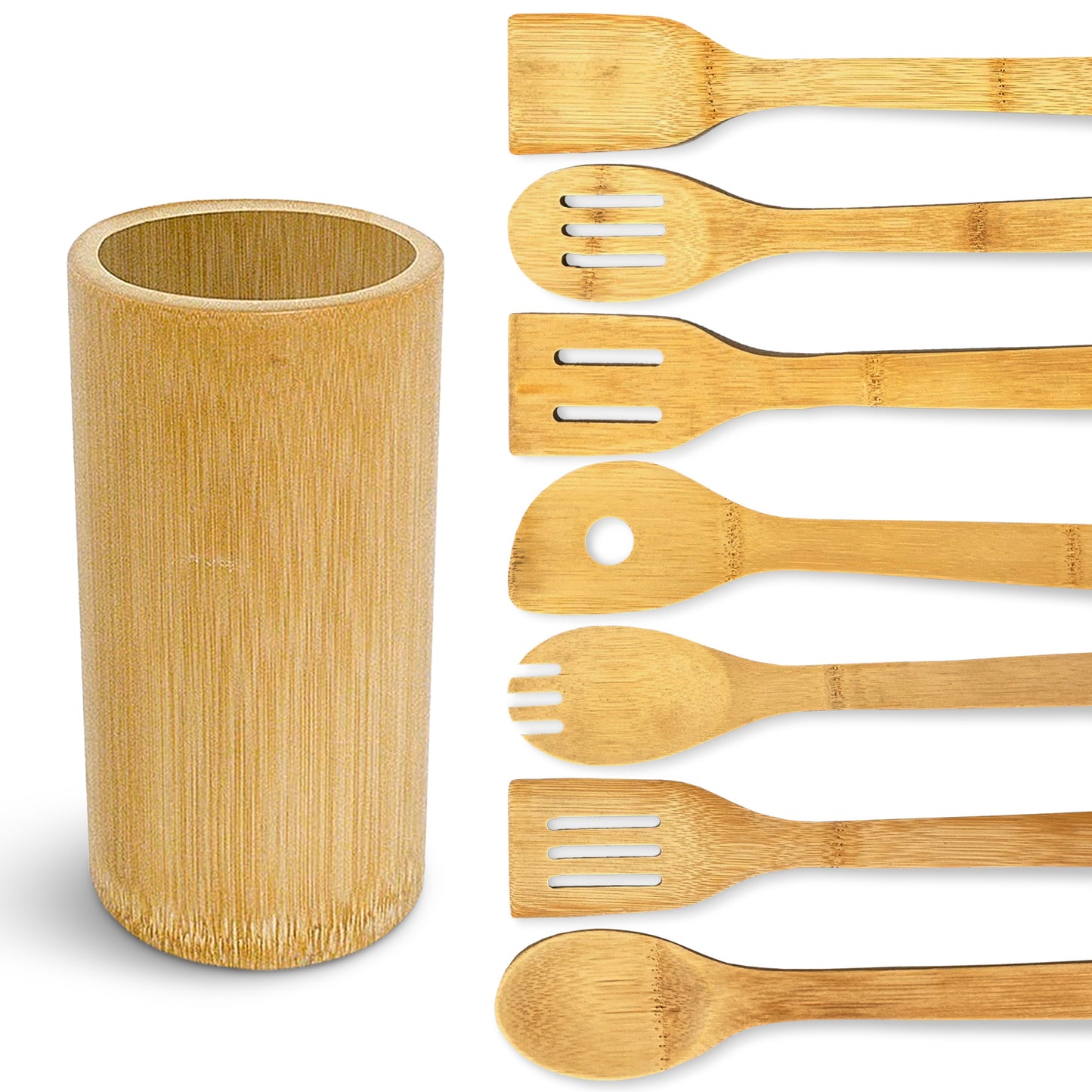 Cheer Collection 8 Piece Bamboo Cooking Utensil Set with Holder – Natural Wooden Tools