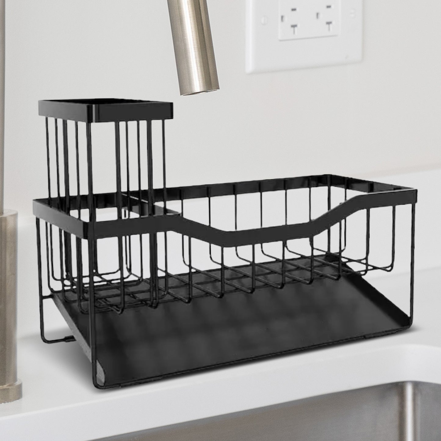 Cheer Collection Stainless Steel Sink Caddy Sponge Holder with Drain Tray and Brush Organizer