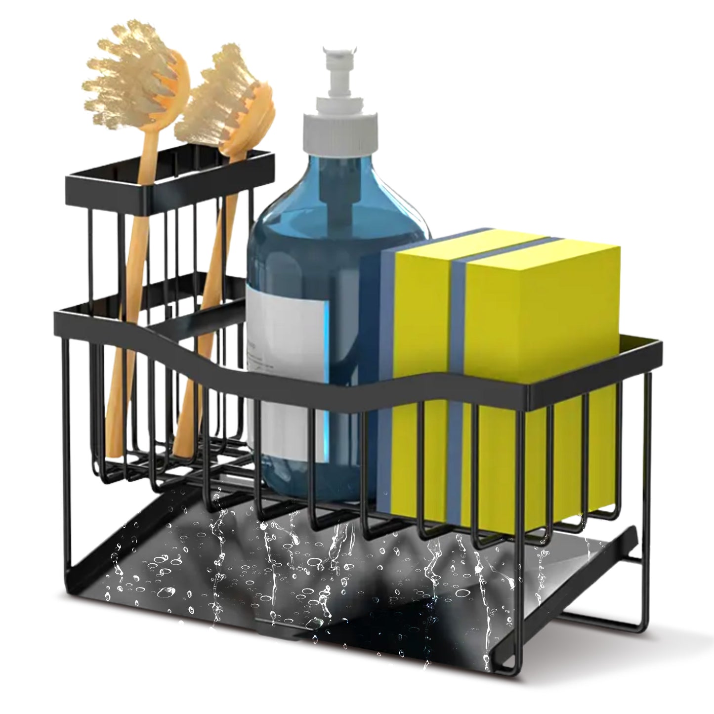 Cheer Collection Stainless Steel Sink Caddy Sponge Holder with Drain Tray and Brush Organizer