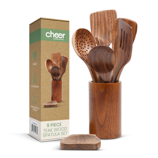Cheer Collection 9 Piece Deluxe Wooden Utensils Set with Holder and Spoon Rest