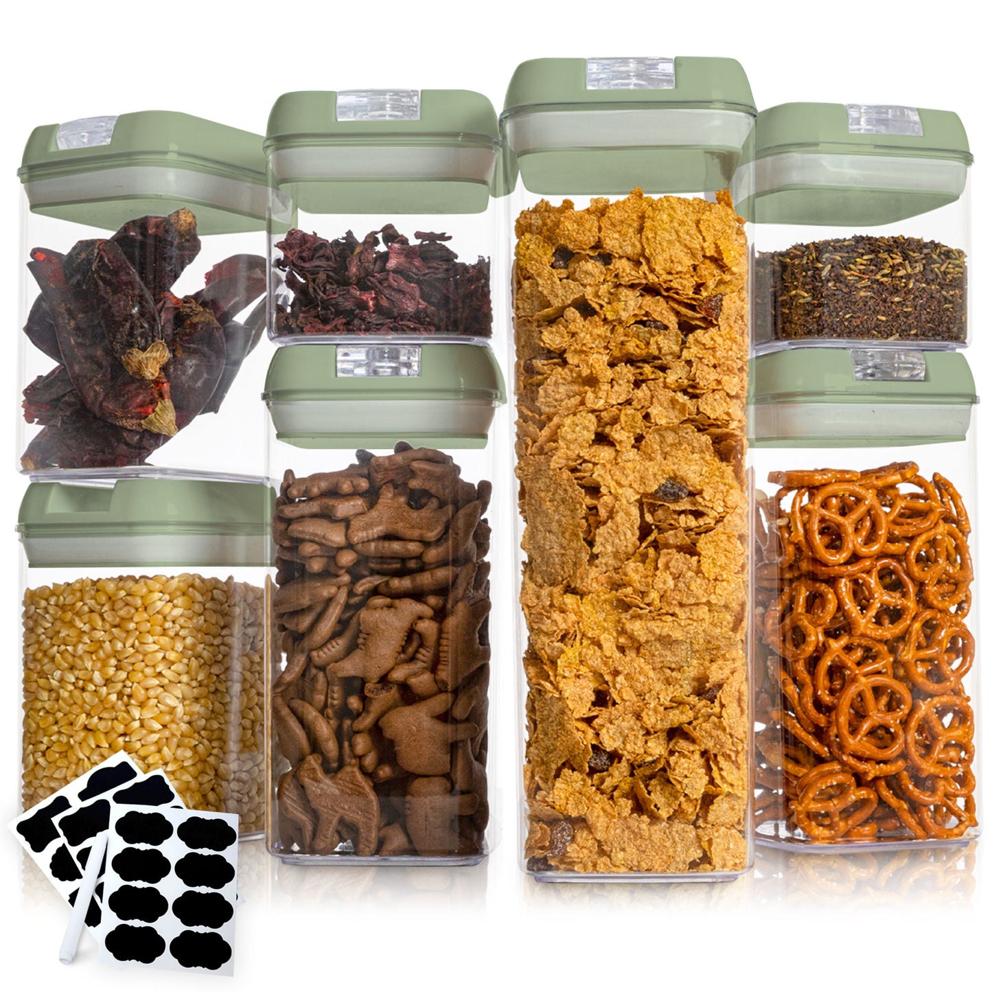 Cheer Collection Set of 7 Airtight Food Storage Containers plus Dry Erase Marker and Label - Multiple Colors Available