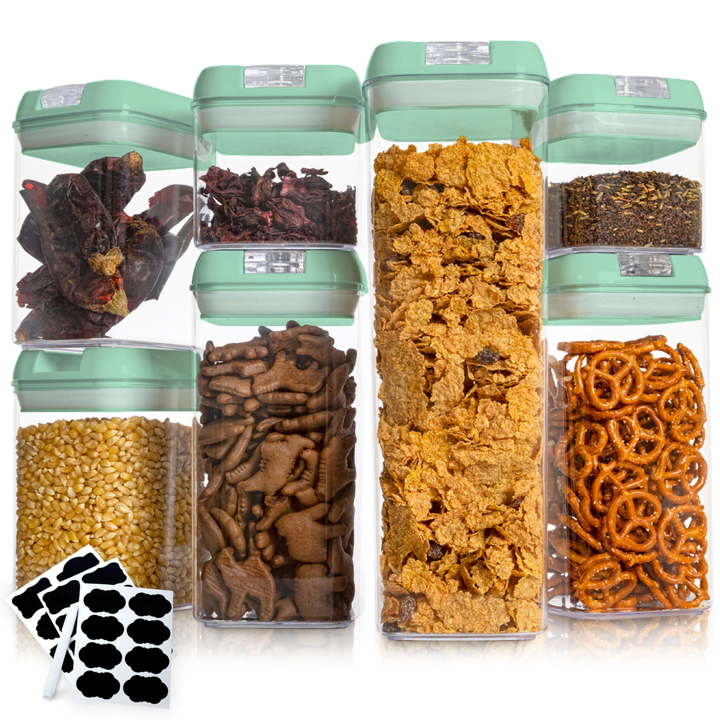 Cheer Collection Set of 7 Airtight Food Storage Containers plus Dry Erase Marker and Label - Multiple Colors Available