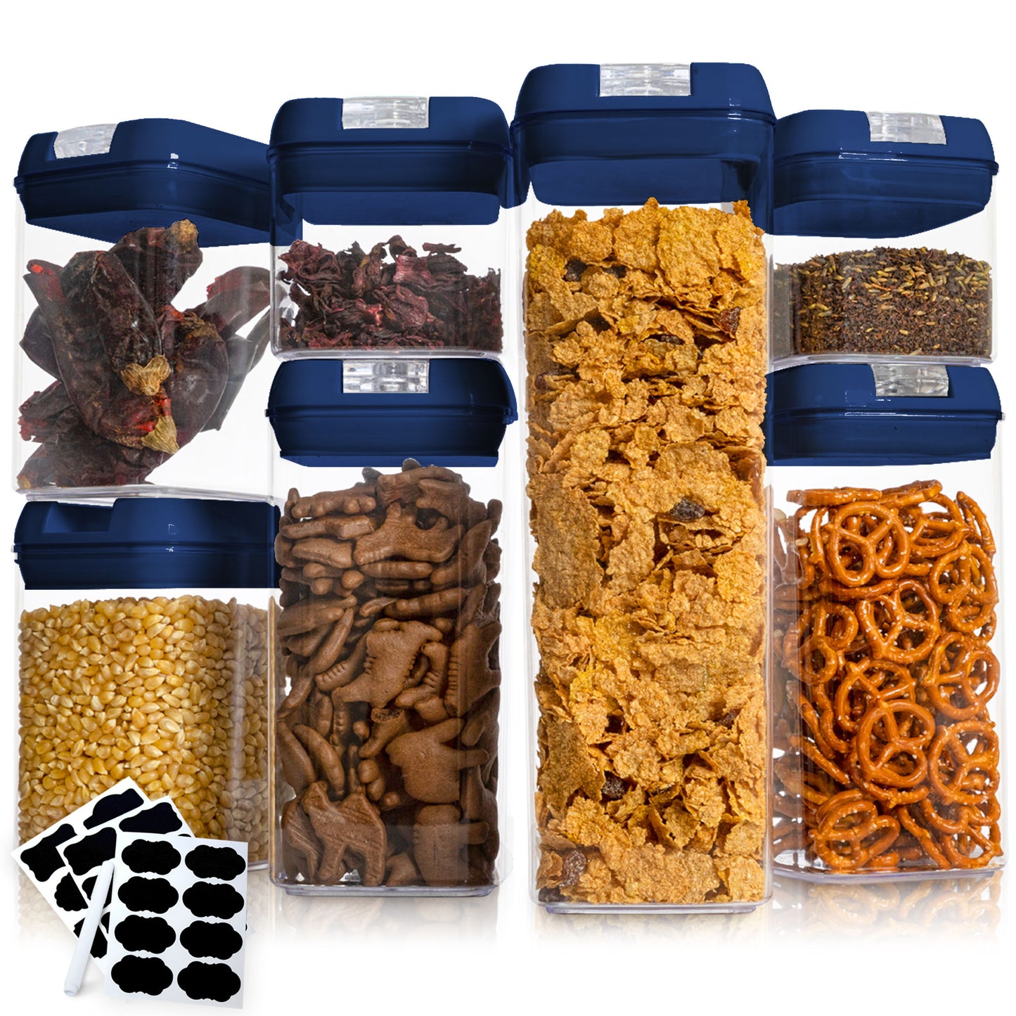 Cheer Collection Set of 7 Airtight Food Storage Containers plus Dry Erase Marker and Label - Multiple Colors Available