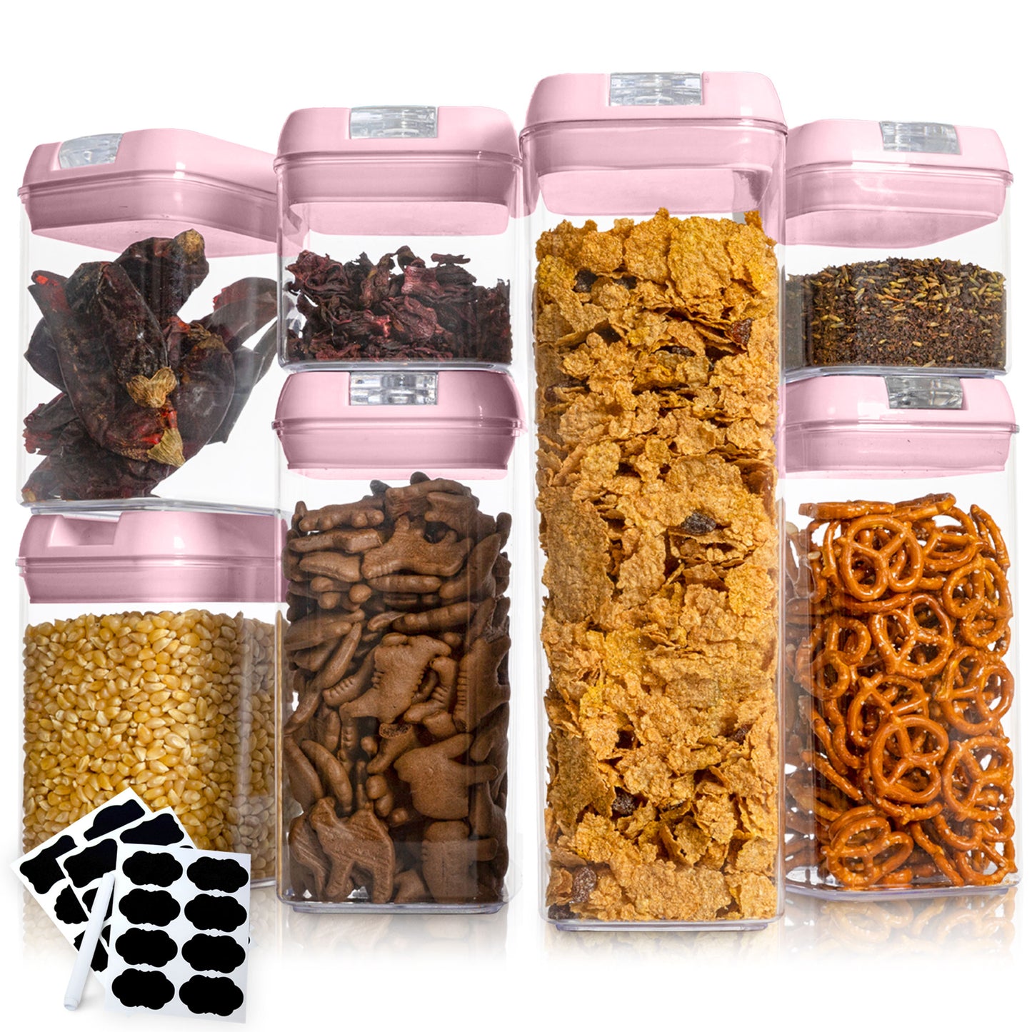 Cheer Collection Set of 7 Airtight Food Storage Containers plus Dry Erase Marker and Label - Multiple Colors Available