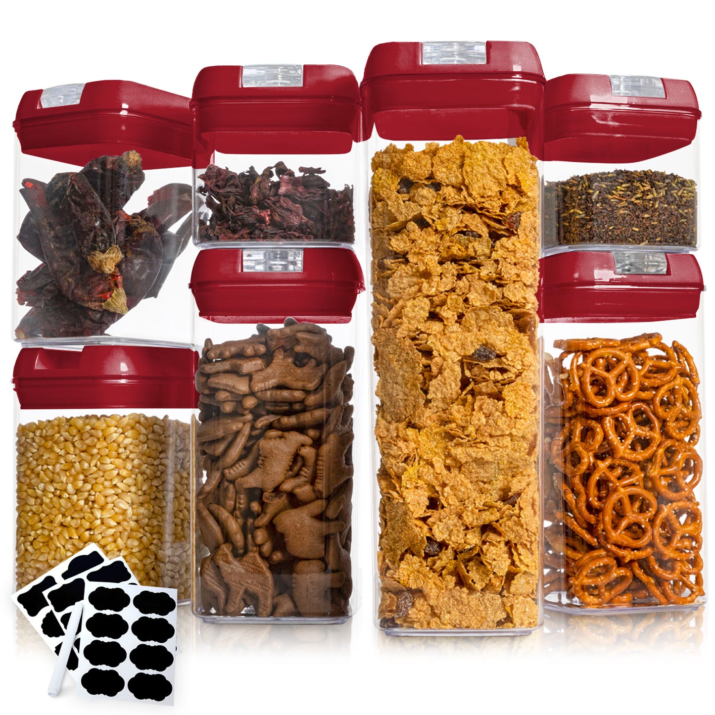 Cheer Collection Set of 7 Airtight Food Storage Containers plus Dry Erase Marker and Label - Multiple Colors Available