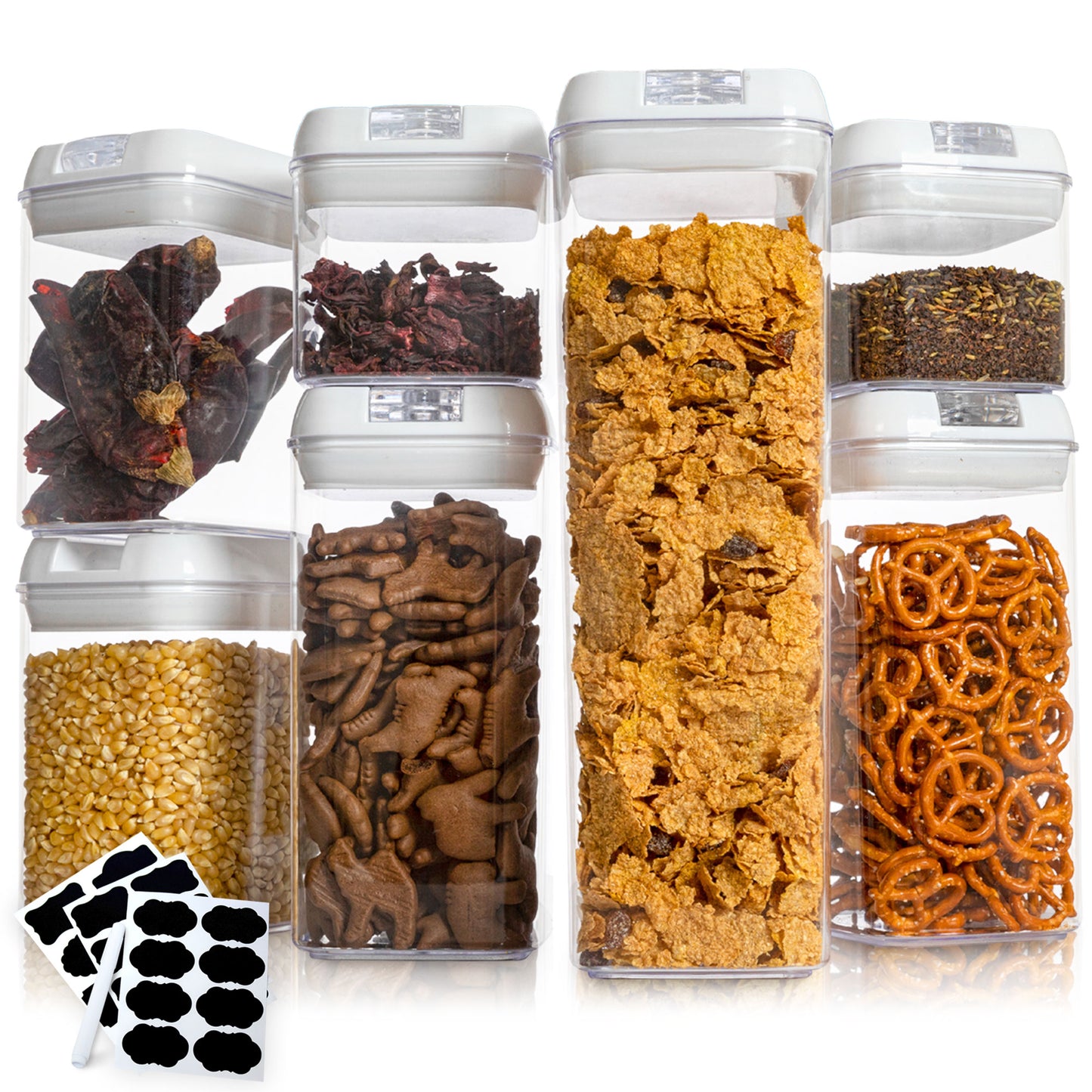 Cheer Collection Set of 7 Airtight Food Storage Containers plus Dry Erase Marker and Label - Multiple Colors Available