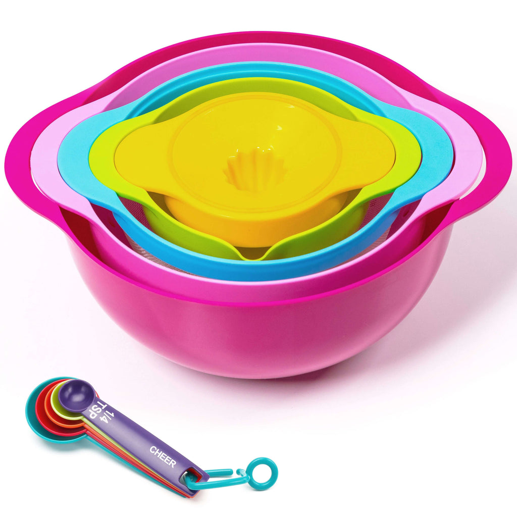 Cheer Collection 10 Piece Nested Bowl Set with Mixing Bowls, Juicer, Measuring Spoons, Sieve