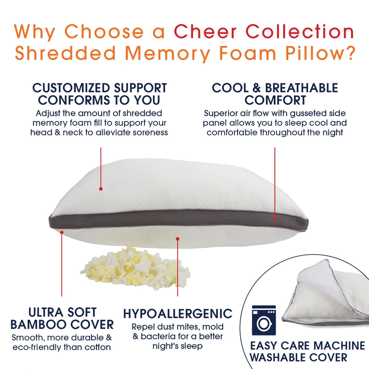 Cheer Collection Adjustable Shredded Memory Foam Air Pillow with Gusset - Set of 2