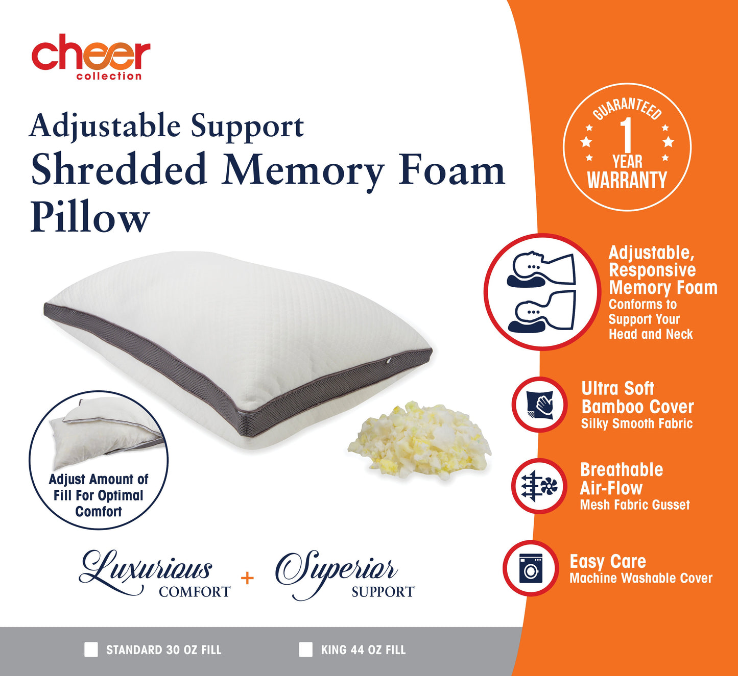 Cheer Collection Adjustable Shredded Memory Foam Air Pillow with Gusset - Set of 2