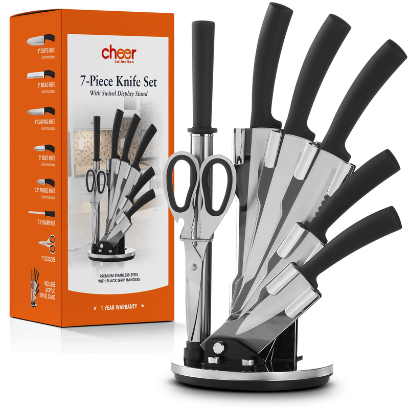 Cheer Collection Chef Knife Set (7 Piece) with Rotating Stand - Sharp Serrated and Standard Blades - Cheer Collection