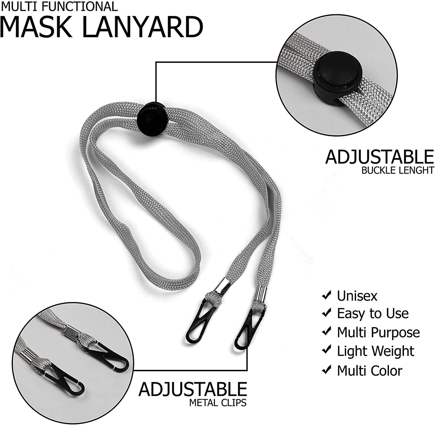Cheer Collection Mask Lanyard for Kids Adults, Adjustable Length Face Mask Lanyard Strap - 10 Pack