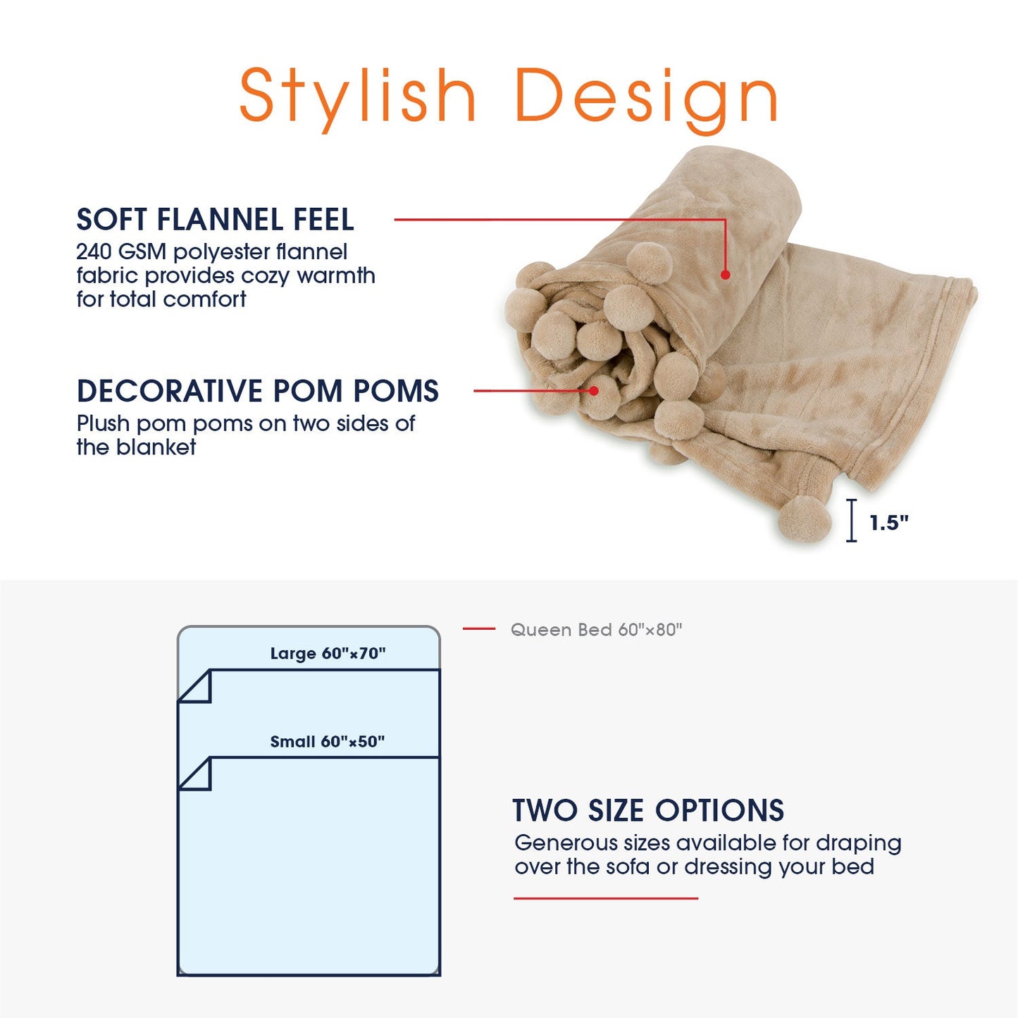 Cheer Collection Pom Pom Flannel Blanket | Ultra Soft on Skin, Lightweight Bed or Couch Throw Blanket with Pompoms