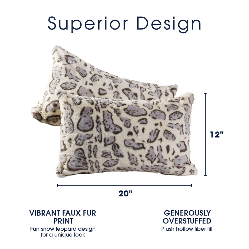 Cheer Collection Set of 2 Snow Leopard Print Throw Pillows - Soft Velvety Faux Fur Decorative Lumbar Couch Pillows