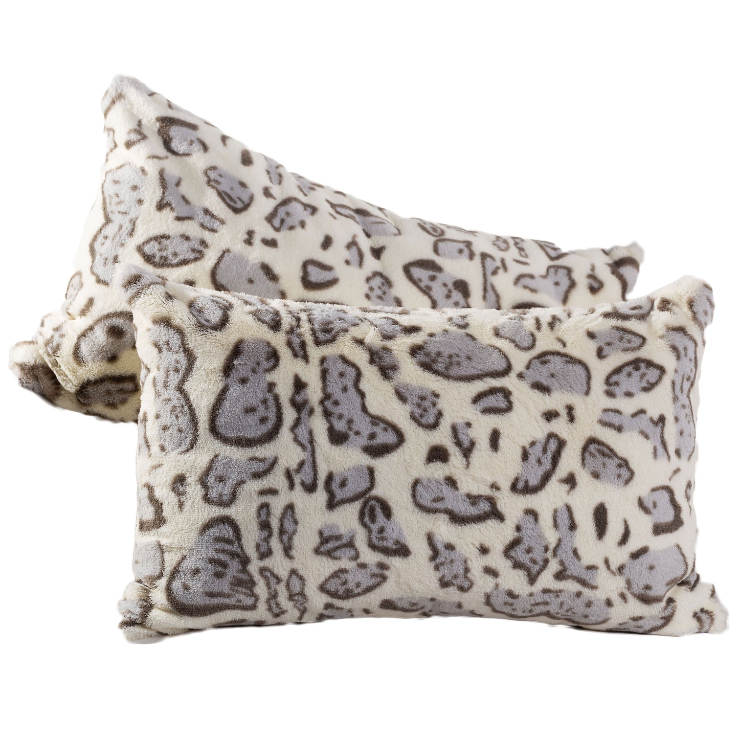 Cheer Collection Set of 2 Snow Leopard Print Throw Pillows - Soft Velvety Faux Fur Decorative Lumbar Couch Pillows
