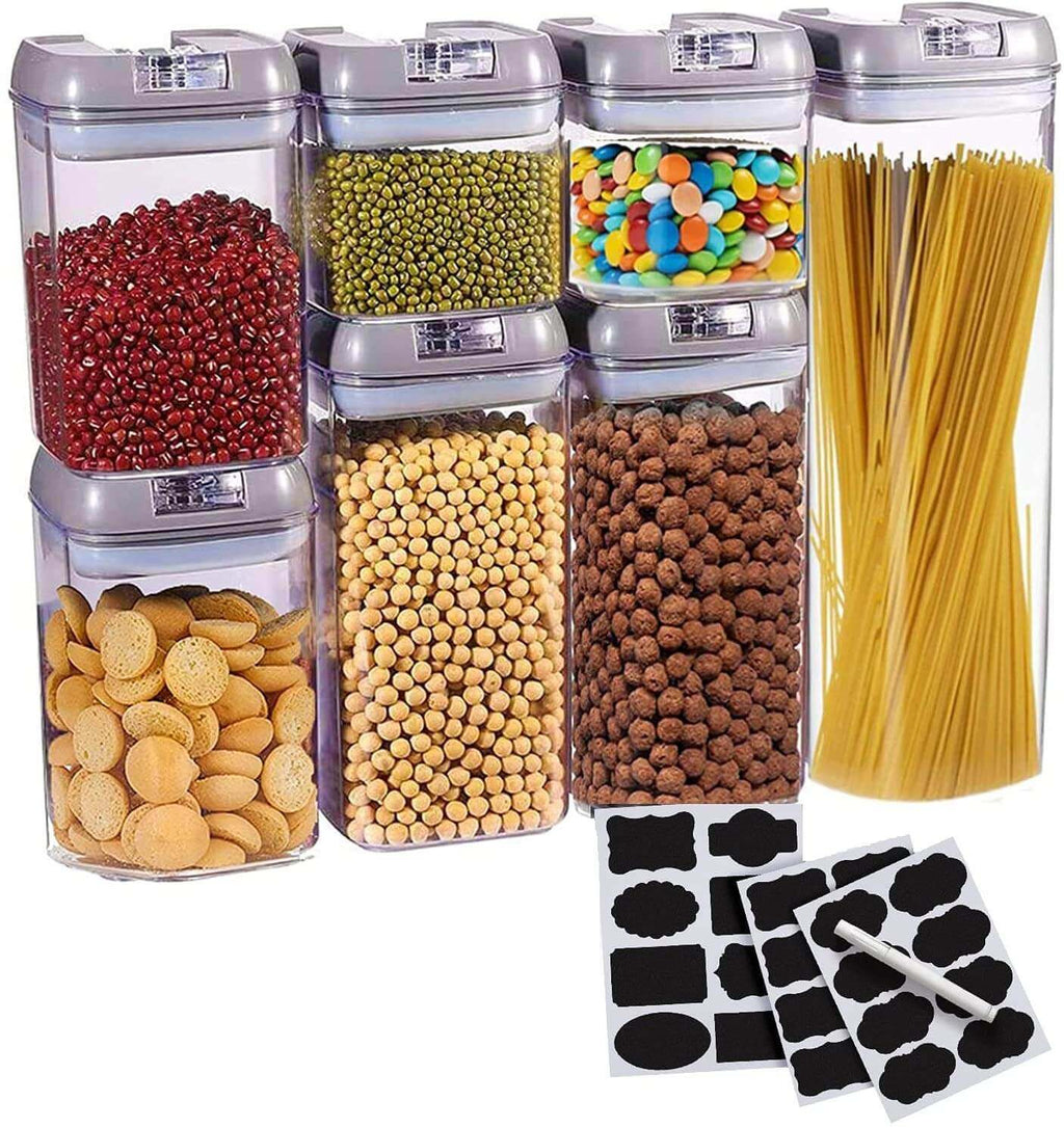 Cheer Collection Set of 7 Airtight Food Storage Containers - Heavy Duty Pantry Organizer Bins, Free from BisPhenol A Plastic Containers plus Dry Erase Marker and Labels, Gray