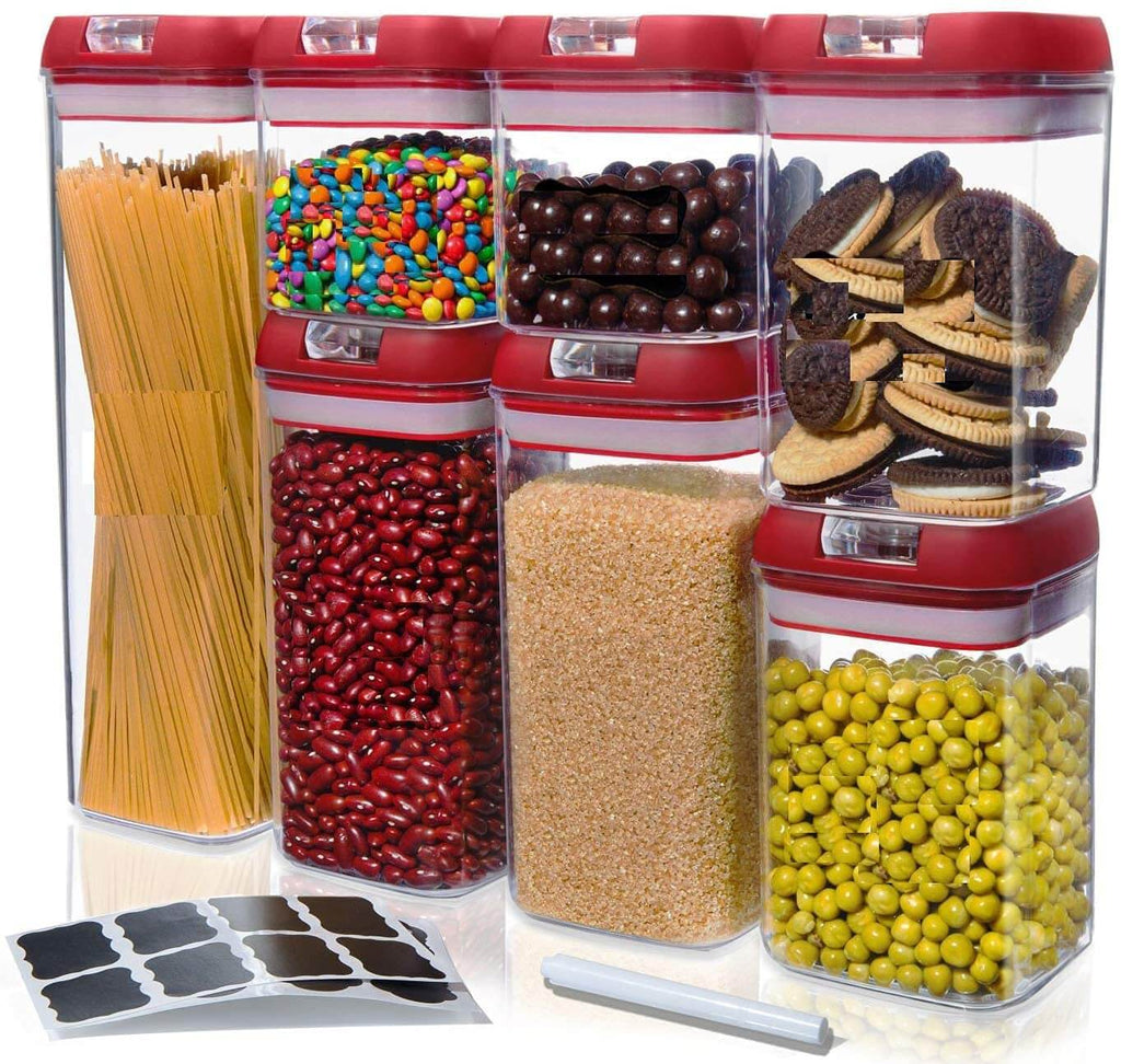 Cheer Collection Set of 7 Airtight Food Storage Containers - Heavy Duty Pantry Organizer Bins, Free from BisPhenol A Plastic Containers plus Dry Erase Marker and Labels, Red