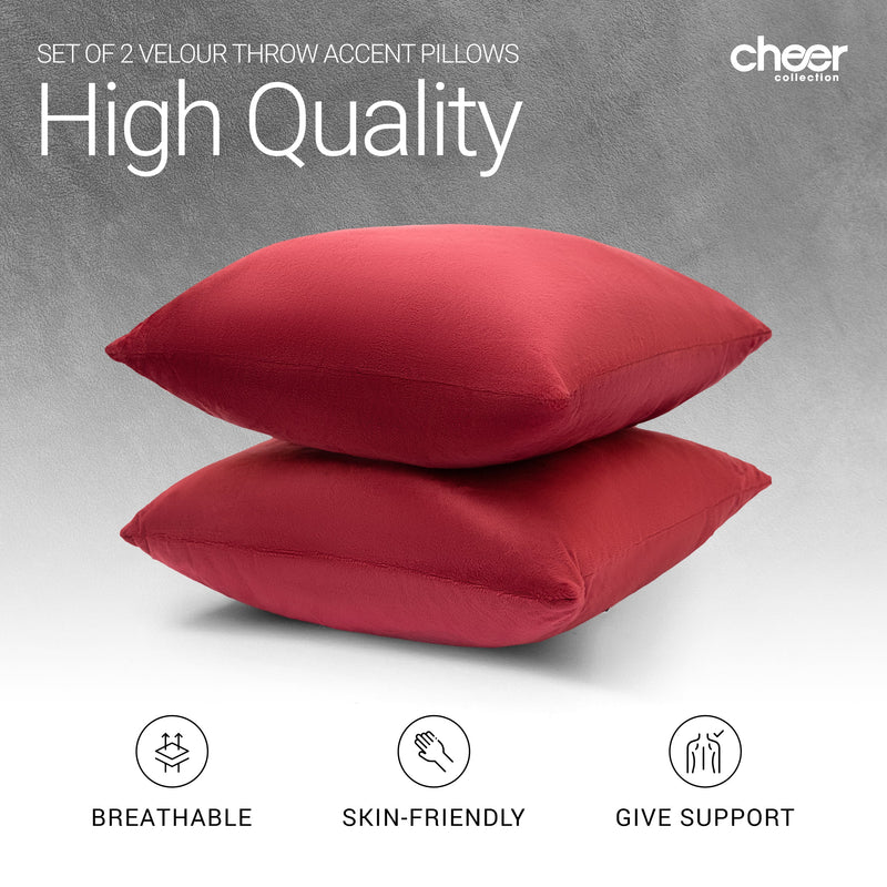 Cheer Collection Velour Throw Pillows - Set of 2 Decorative Couch Pillows - 26" x 26"