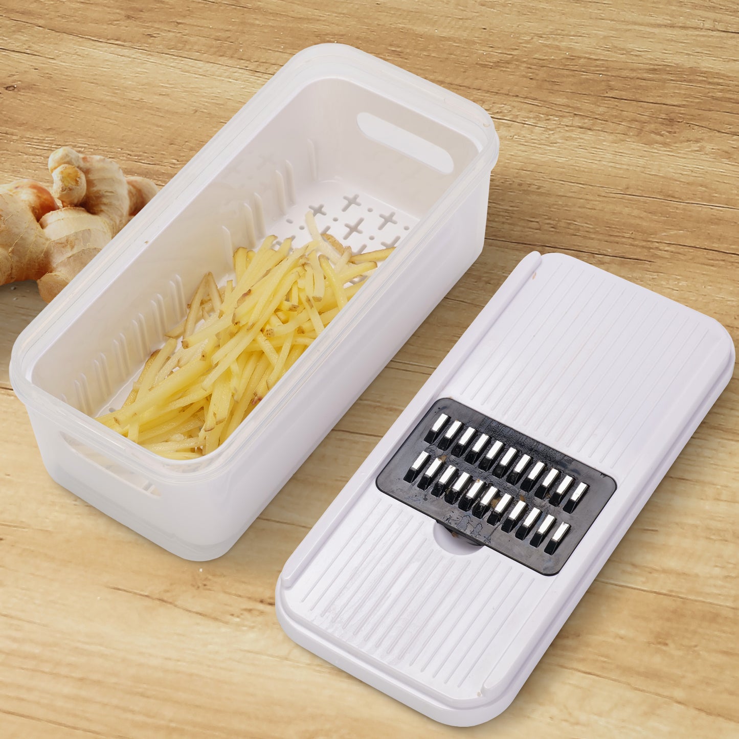 Cheer Collection Vegetable Slicer Mandoline and Grater Set with 5 Blades and Container Black and White