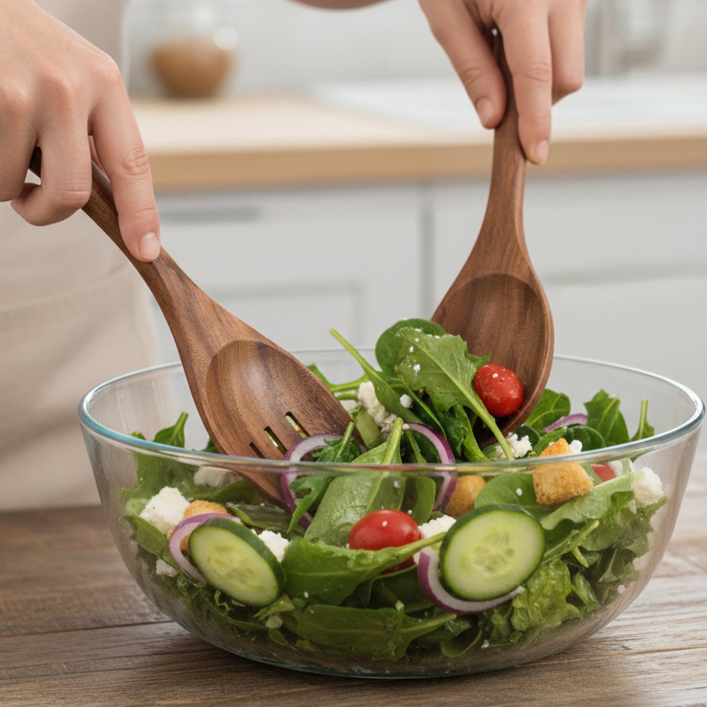 Cheer Collection Teak Wood Salad Spoon and Fork Set for Mixing and Serving