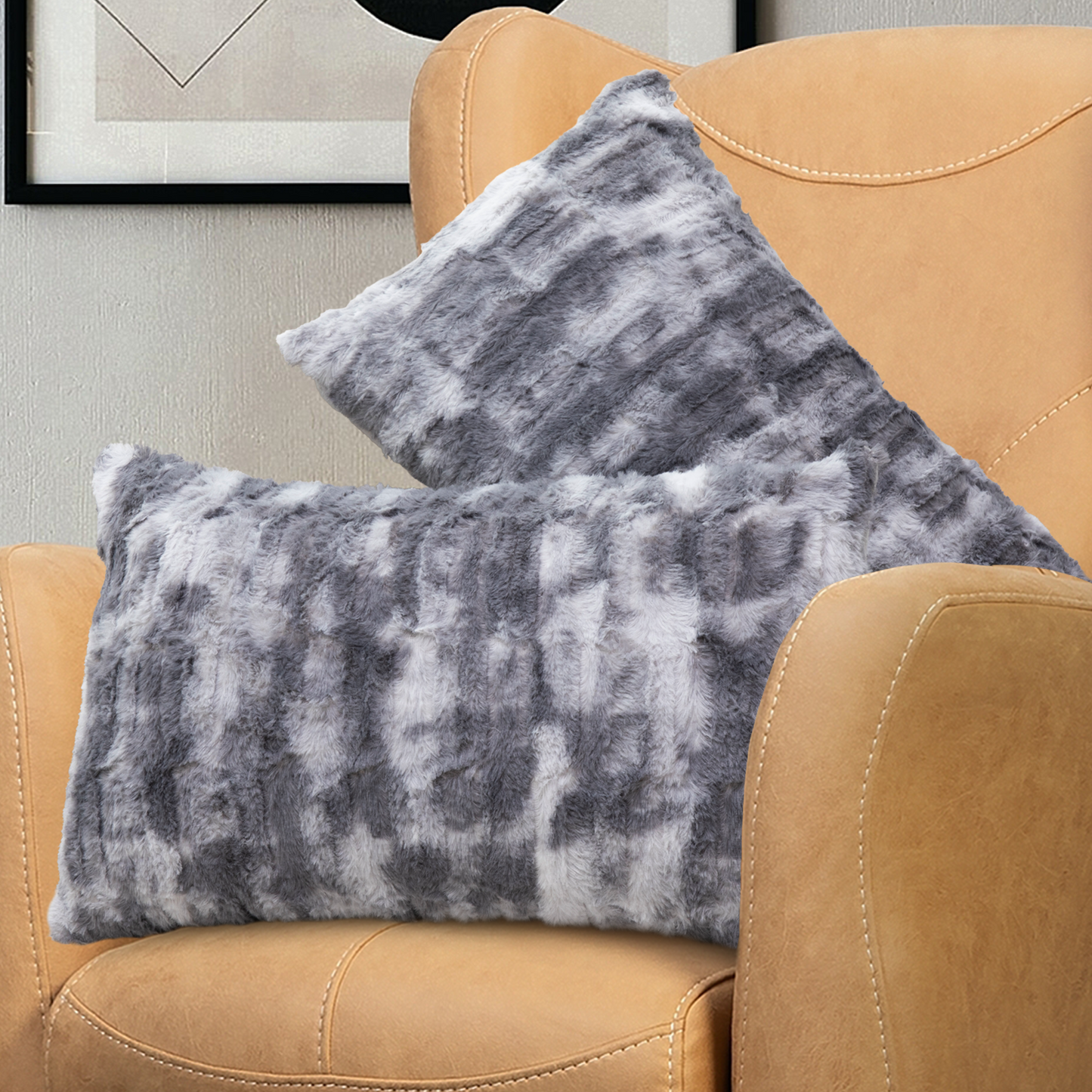 Cheer Collection Decorative Faux Fur Throw Pillow  with Inserts - Luxuriously Soft Bamboo Design Accent Pillows – 12” x 20” - Set of 2
