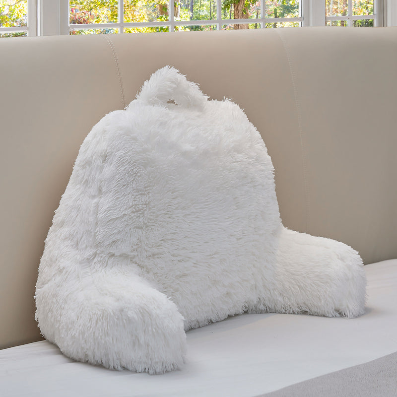 Cheer Collection Fluffy Reading Pillow - Long Shaggy Hair TV and Gaming Pillow with Armrest