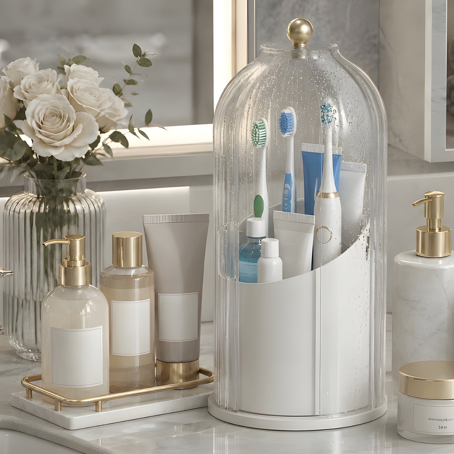 Cheer Collection Rotating Covered Toothbrush & Bathroom Counter Organizer