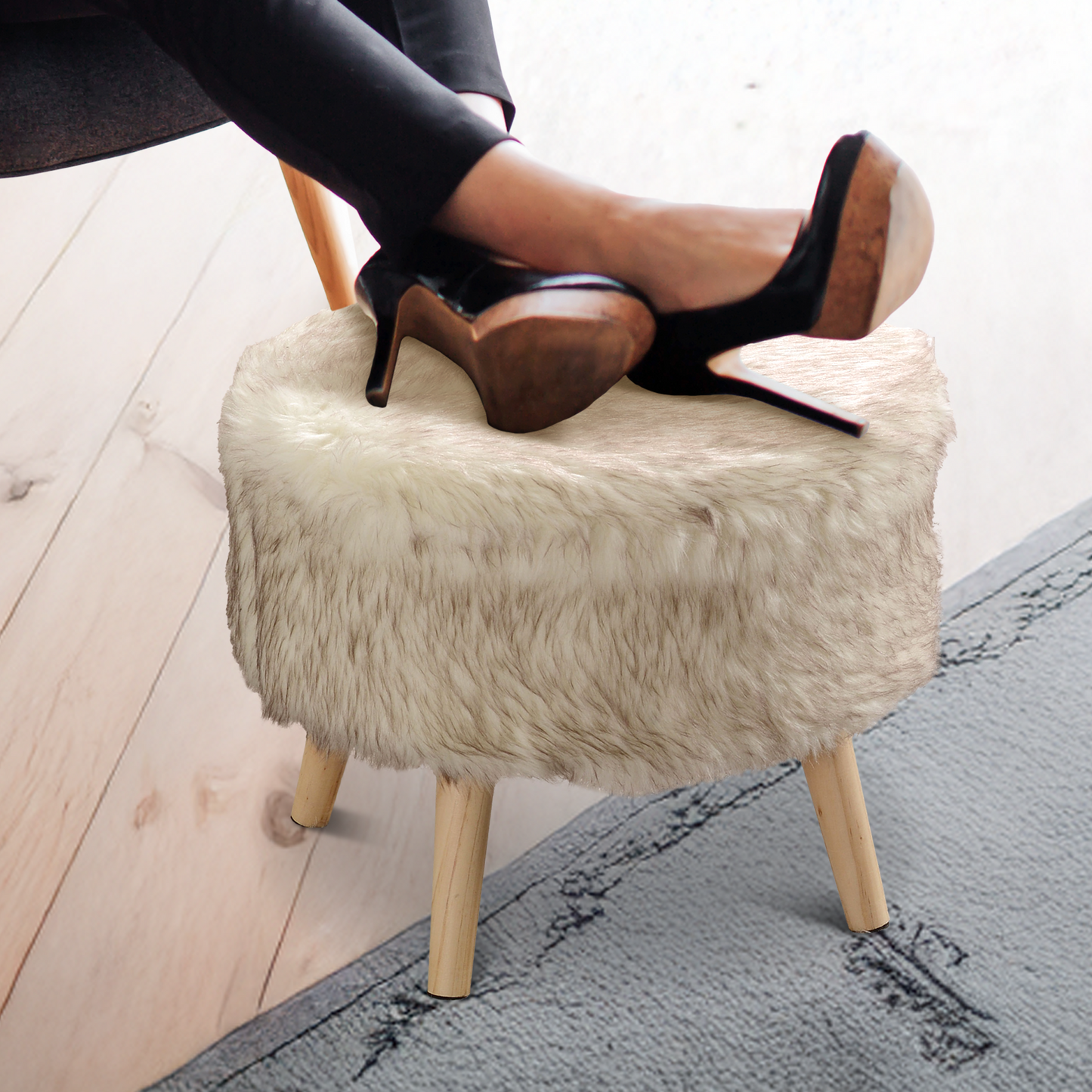 Cheer Collection Faux Fur Wood Leg Stool