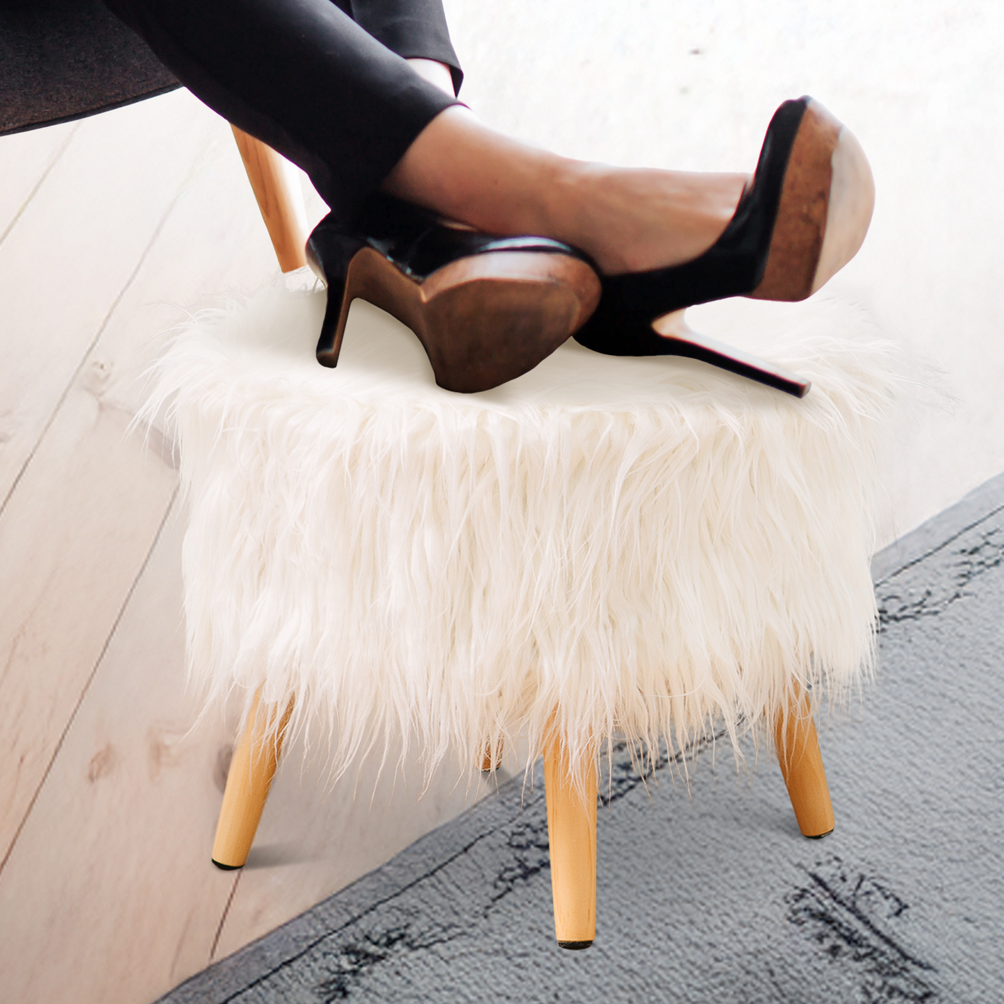 Cheer Collection Faux Fur Wood Leg Stool, White