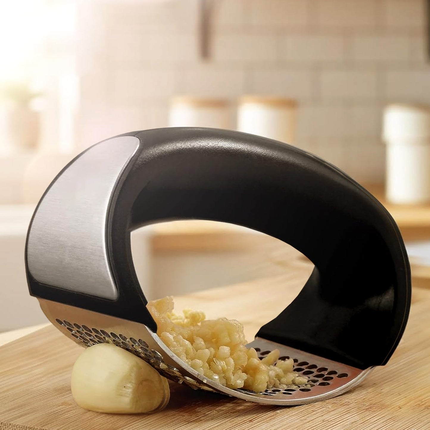 Cheer Collection Garlic Press Rocker Set Stainless Steel Garlic Mincer with Peeler Brush and Scraper