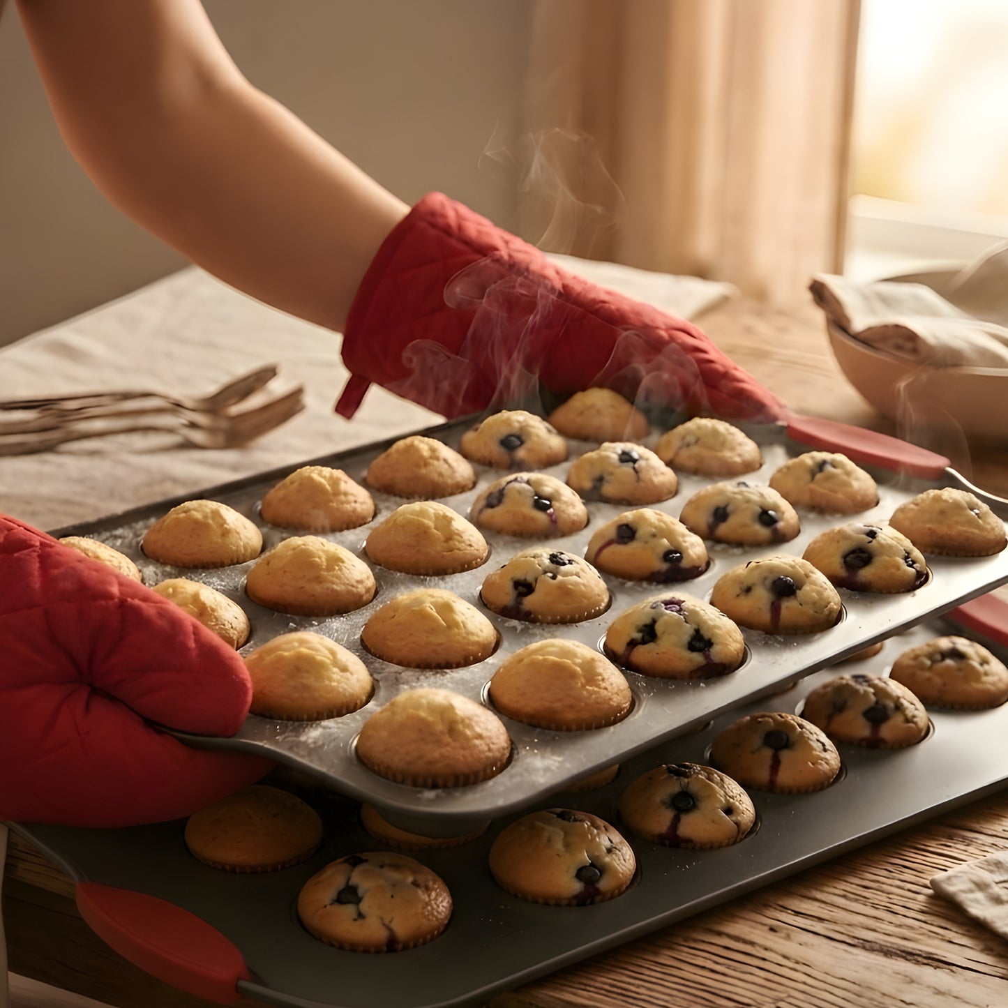 Cheer Collection 24-Cup Carbon Steel Mini Muffin Pans with Silicone Handles, Set of 2