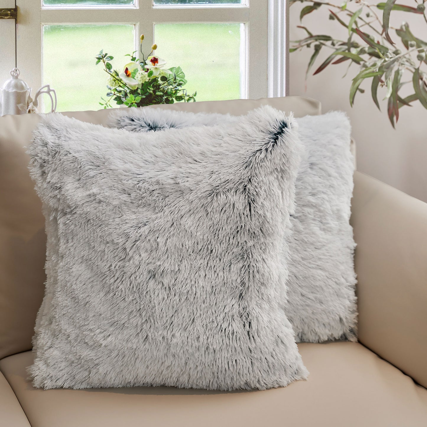 Cheer Collection Shaggy Long Hair Throw Pillows - Super Soft and Plush Faux Fur Accent Pillows - 20 x 20 inches - Set of 2