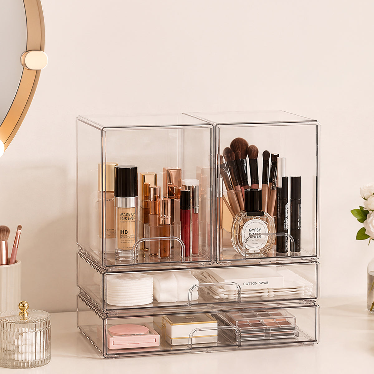 Cheer Collection Clear Stackable Storage Drawers, 4-Piece Modular Organizer Set
