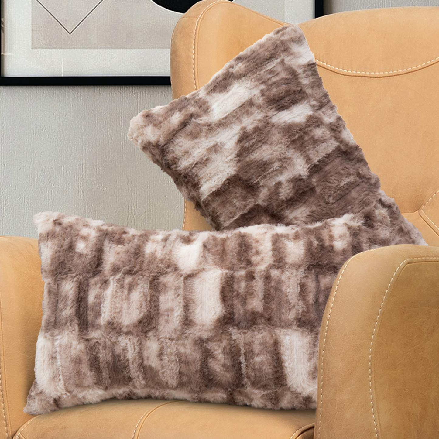 Cheer Collection Decorative Faux Fur Throw Pillow  with Inserts - Luxuriously Soft Bamboo Design Accent Pillows – 12” x 20” - Set of 2