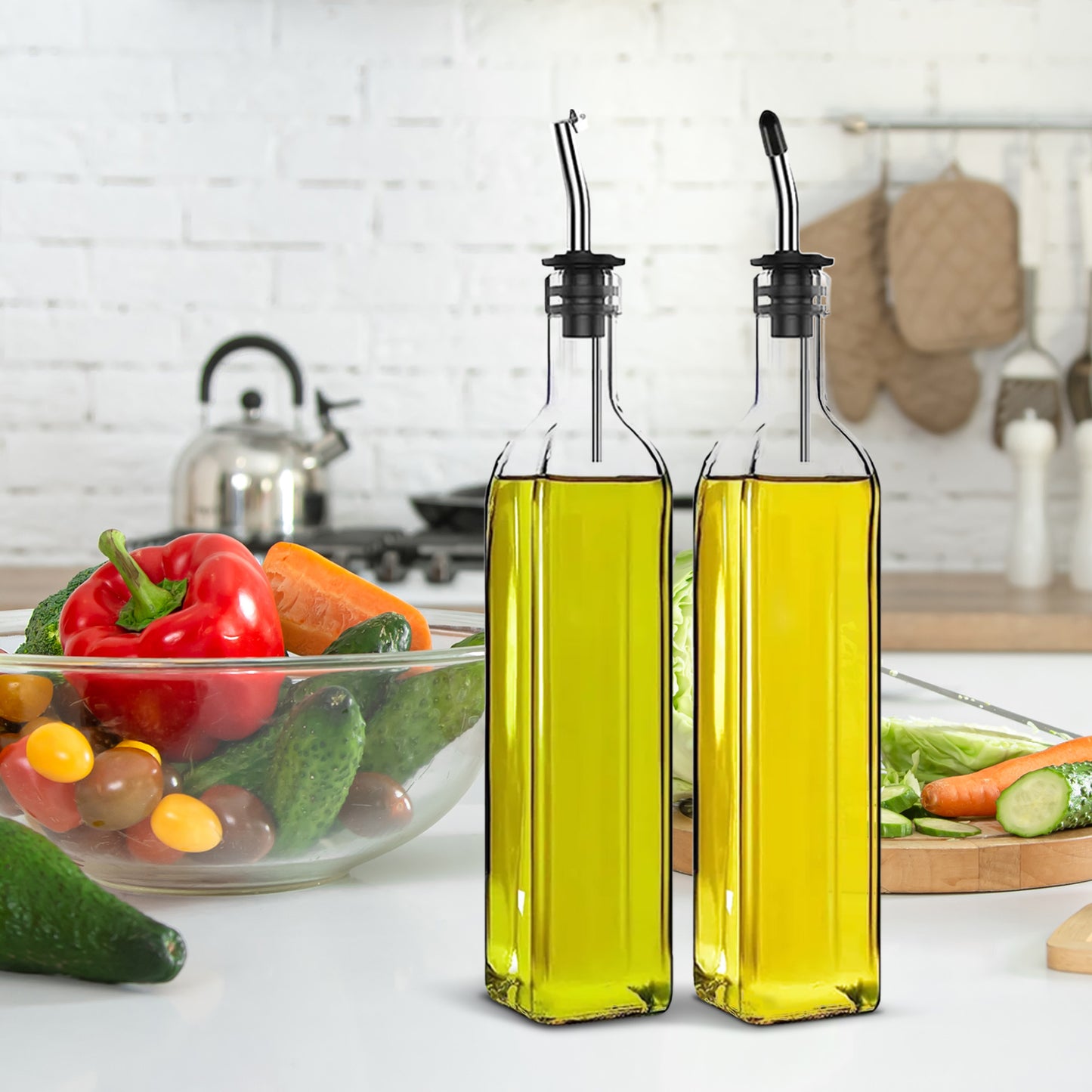 Cheer Collection 2 Pack Glass Olive Oil Dispenser Set 17oz with Funnel Brush Spouts and Labels