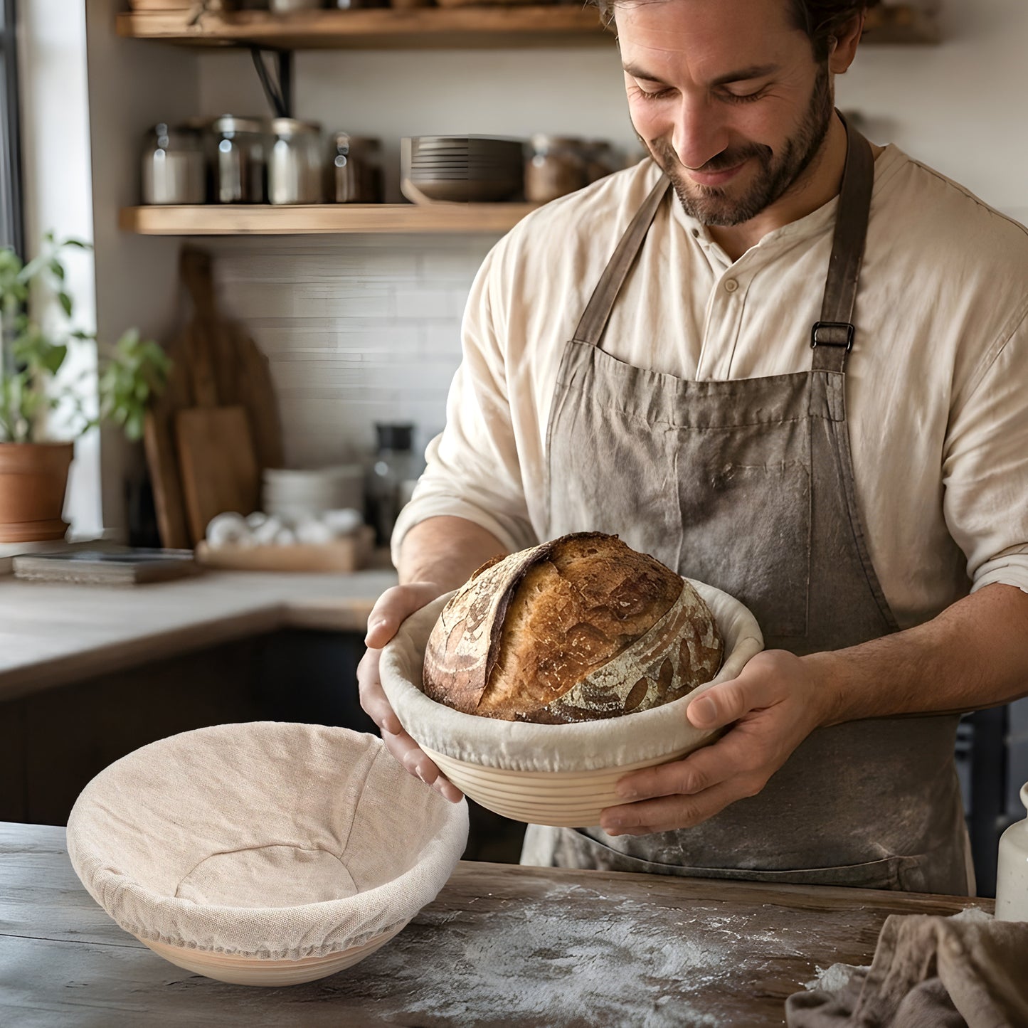 Cheer Collection Artisan Sourdough Banneton Proofing Basket with Linen Liner, Set of 2