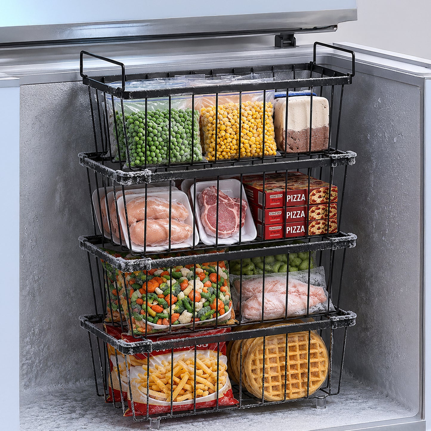 Cheer Collection Stackable Metal Freezer Organizer Baskets for Freezer & Home Storage, Set of 4
